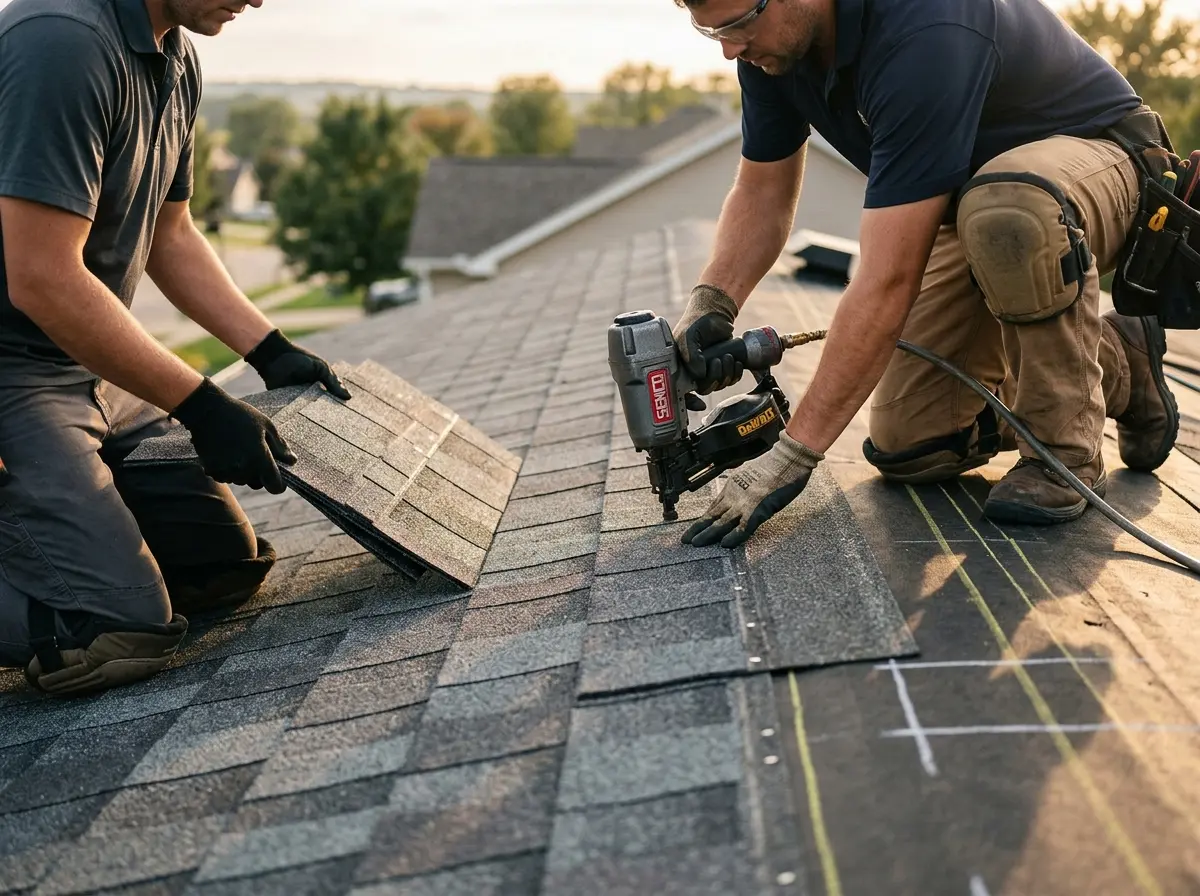 Professional roofer working on a residential roof in West Lealman